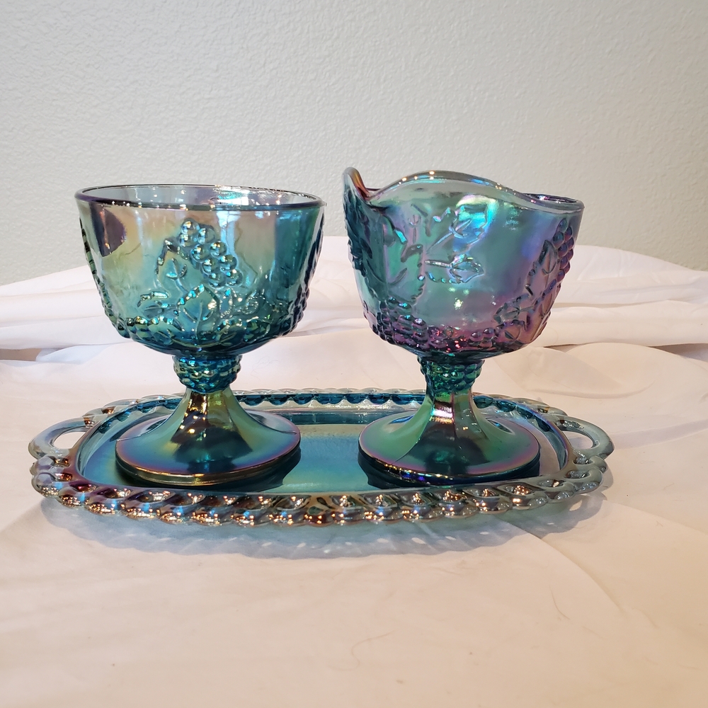 Vintage Indiana blue carnival glass 'Harvest' pattern - creamer, sugar, and tray